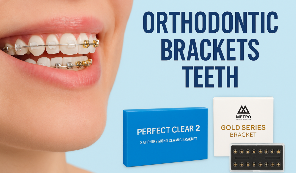 Featured banner showing a smiling mouth with ceramic and gold orthodontic brackets on teeth, product boxes labeled Perfect Clear 2 and Metro Gold Series, and headline ‘Orthodontic Brackets Teeth’ on a light blue background.