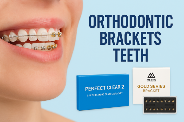 Featured banner showing a smiling mouth with ceramic and gold orthodontic brackets on teeth, product boxes labeled Perfect Clear 2 and Metro Gold Series, and headline ‘Orthodontic Brackets Teeth’ on a light blue background.